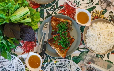 Baked salmon in Vietnamese rice paper